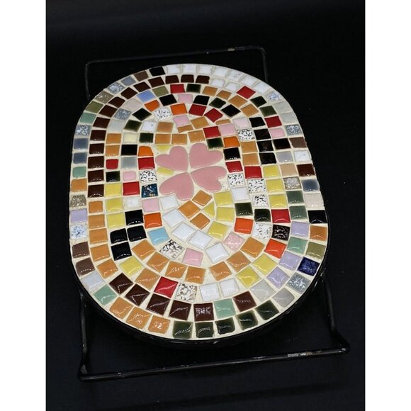 Mid Century Mosaic Tile Oval Trivet Multicolor Pink Hearts Black Metal Handles - Picture 5 of 14